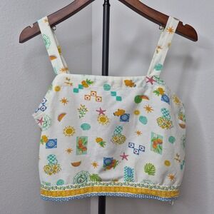 Midnight Sky Novelty Print Linen Blend Crop Tank Top Mediterranean Coastal Sz M